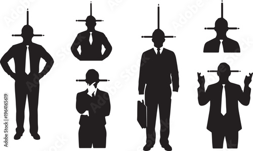 Black Solid Corporate Executives Balancing Pencil Silhouettes Set of Six on White Background