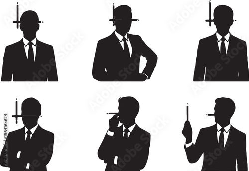 Black Solid Corporate Executives Balancing Pencil Silhouettes Set of Six on White Background