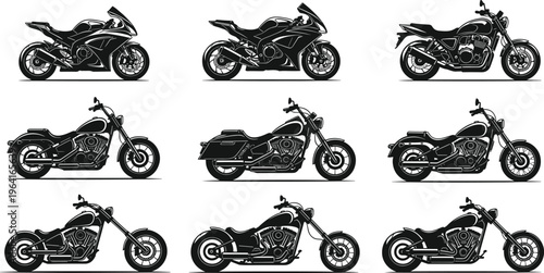 Set of motorcycle silhouettes featuring sportbike cruiser chopper styles black vector illustration isolated for branding posters decals automotive design collection