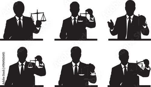 Black Solid Corporate Executives Balancing Scale Model Silhouettes Set of Six on White Background