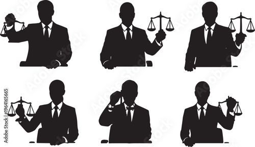 Black Solid Corporate Executives Balancing Scale Model Silhouettes Set of Six on White Background