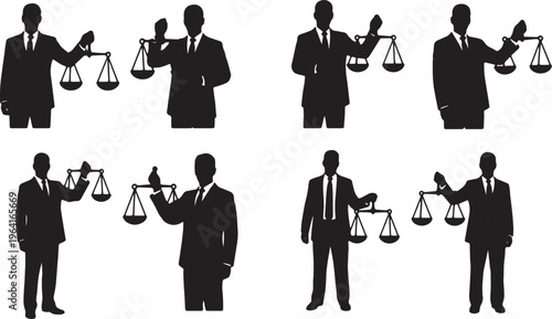 Black Solid Corporate Executives Balancing Scale Silhouettes Set of Six on White Background