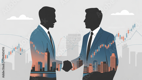 Two businessmen shaking hands with cityscape and stock market graphs in background symbolizing partnership and financial success