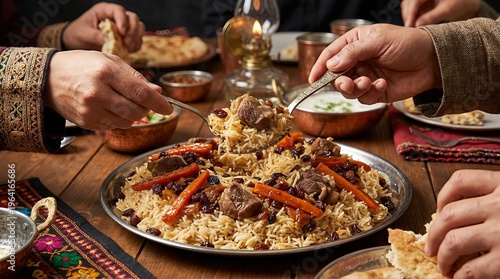 A close-up shot of a family sharing a large platter of pilaf, a rice dish with meat and carrots, at a wooden table.