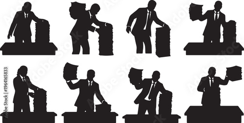 Black Solid Corporate Lawyers Dropping Papers Silhouettes Set of Six on White Background