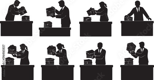 Black Solid Corporate Lawyers Dropping Papers Silhouettes Set of Six on White Background