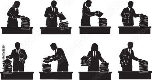 Black Solid Corporate Lawyers Dropping Papers Silhouettes Set of Six on White Background
