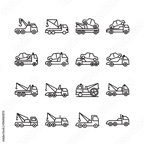 Tow Truck Icons Collection: Flat Line Art for Vehicle Recovery and Transport Services