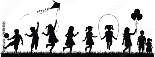 Silhouette children playing outdoors with ball kite balloons jump rope running in park playground joyful childhood activity vector illustration