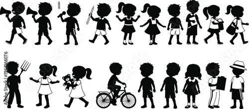 Silhouette children with books microphone pencil megaphone teddy bear bicycle pitchfork clipboards diverse activities vector illustration artwork design