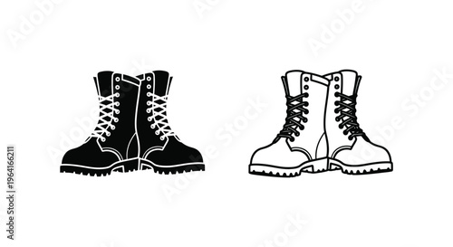 Black and white combat boots, vector illustration, footwear icons, sneaker clipart
