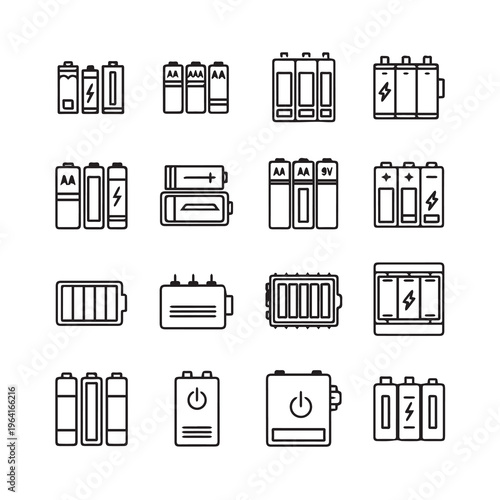 Various Battery Types and Sizes Line Icons Set Energy Storage Symbols Clean Vector Illustration
