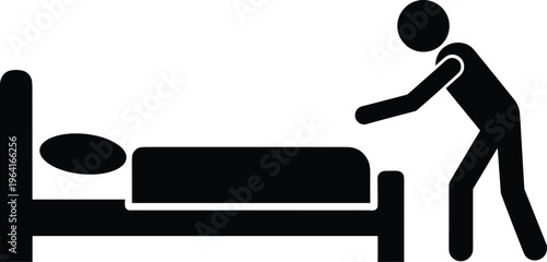 Black silhouette bed‑making illustration, person tidying sleeping area symbol, housekeeping icon, home cleanliness design, daily routine graphic