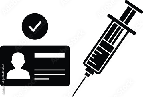Black vaccination verification illustration, ID card with syringe symbol, immunization proof icon, health safety design, medical approval graphic