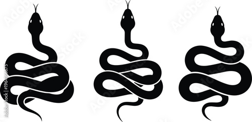 Three stylized snake silhouettes coiled in artistic patterns, black vector design showing symmetry, balance, reptile shapes and creative composition.