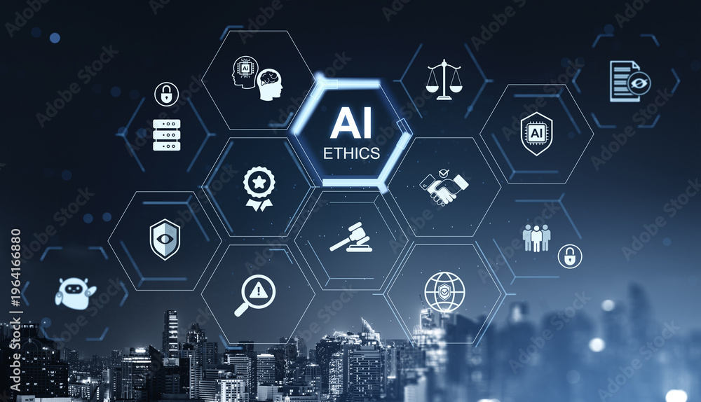 Naklejka premium AI ethics technology interface with futuristic digital icons over modern cityscape showing rules and responsibility in advanced systems.