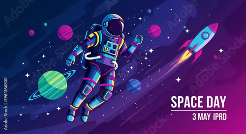 Astronaut in space suit floating near rocket and planets on space day
