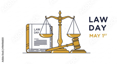 Law day may 1st illustration with scales gavel and legal document on white background