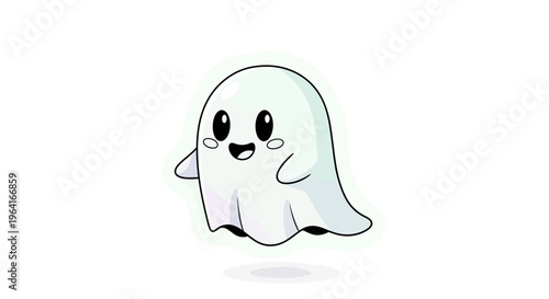 Cute cartoon ghost character smiling.