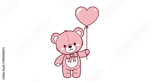 Pink Teddy Bear Holding Heart Balloon.