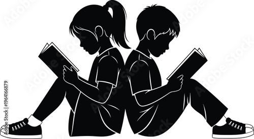 Two Children Reading Books Together Silhouette Illustration, Kids Studying Education Learning Concept, Youth Literacy Back to Back Vector Art Design
