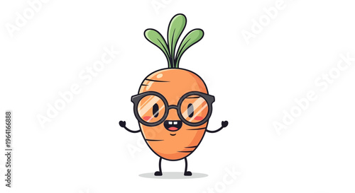 Cartoon carrot with glasses smiling.