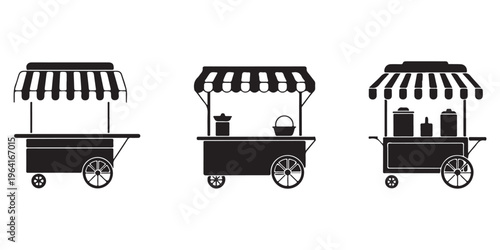 street food cart silhouettes collection with different vendor stalls and market kiosks