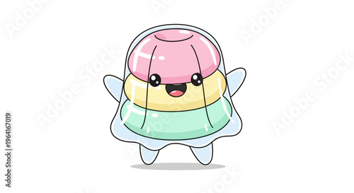 Colorful cartoon dessert character smiling.