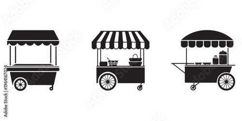 street food cart silhouettes collection with different vendor stalls and market kiosks
