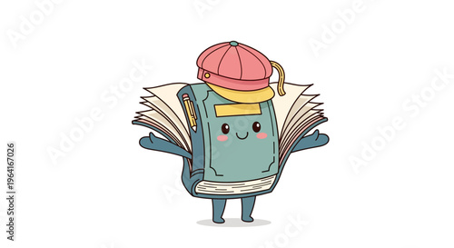 Cute Cartoon Backpack Character Holding Books.