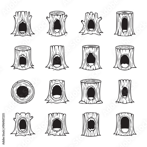 Various Hollow Tree Stumps with Openings Wood Grain Details Isolated on White Graphic Illustration