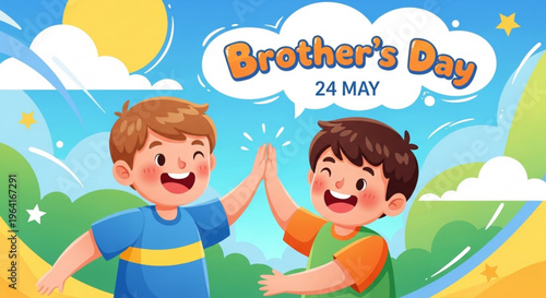 Two happy boys celebrating brother's day on a sunny day with a blue sky