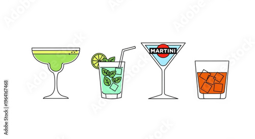 Four mixed drinks with ice and garnishes on a white background including a martini cocktail and two glasses of alcohol