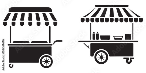 street food cart silhouettes collection with different vendor stalls and market kiosks