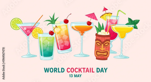 Colorful cocktails with umbrellas and garnishes celebrating world cocktail day on may 13th with tiki glass