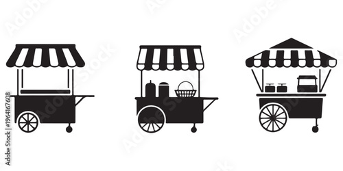 street food cart silhouettes collection with different vendor stalls and market kiosks