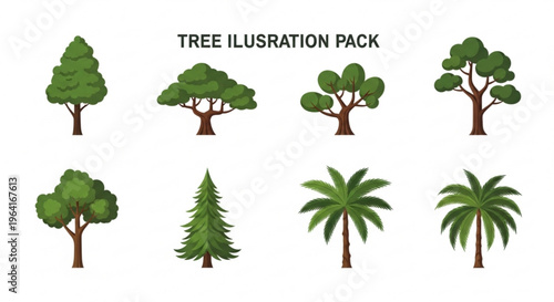 Tree illustration pack with various green trees on white background for design and decoration