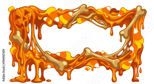 Melting Halloween border of carved pumpkins candy corn and bone shapes flowing into sticky orange drips, forming a spooky frame for party invites haunted flyers and trick or treat graphics