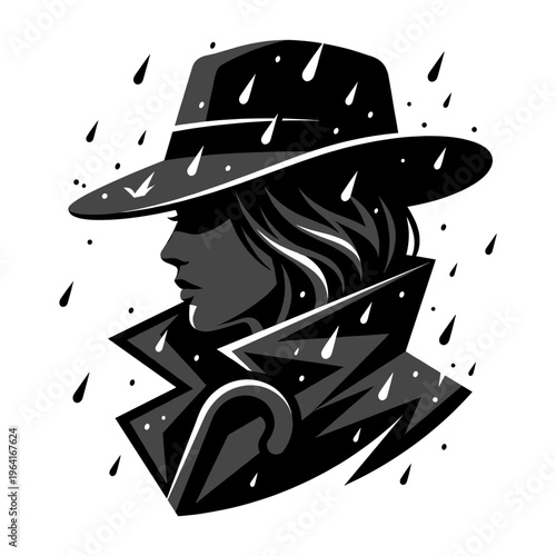 Noir detective silhouette in fedora and turned up trench collar beneath falling rain, shaped as a moody monochrome emblem for mystery covers crime themes thriller posters and shadowy storytelling