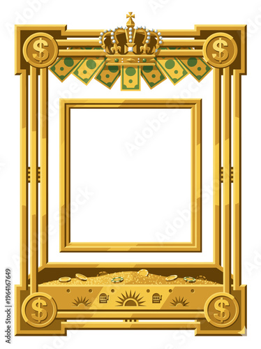 Golden jackpot frame crowned with cash garlands and coin piles around a central display window, created for casino prize announcements winner reveals luxury party backdrops and celebratory promos