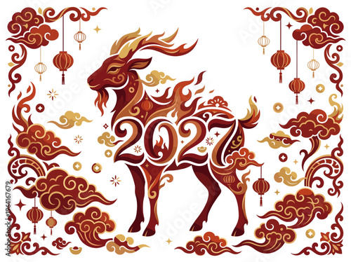 Year of the Goat 2027 appears as a crimson zodiac figure among lanterns and cloud scrolls where Lunar New Year fortune glows through auspicious fire regal curves and festive symbolism