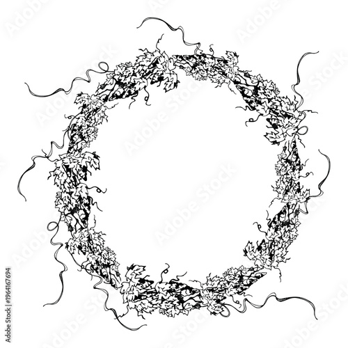 Circular vineyard wreath frame of repeating leafy grapevine motifs, grape clusters, tendril creepers. Botanical hand drawn vector illustration in ink. Winery logos, wine events, branding materials.