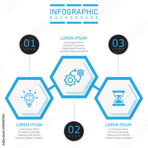 Business infographic template with hexagonal shape vector elements in up-down direction | 3 steps timeline marketing chart with icon | Modern sky-blue diagram vector illustration for organization 