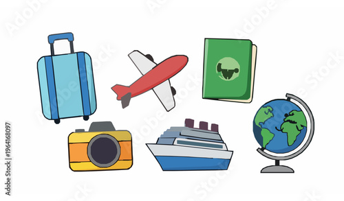 Cute cartoon travel icon set vector illustration for trip holiday airport tourism journey isolated on white