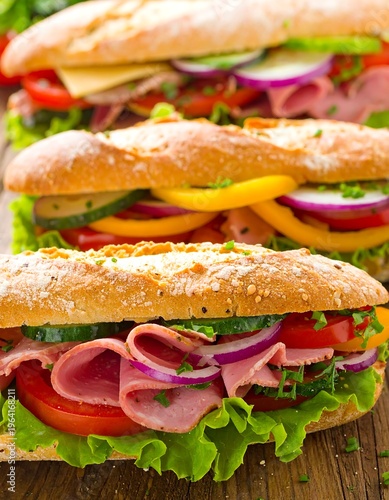 Three vibrant baguette sandwiches loaded with ham, vegetables on rustic wood