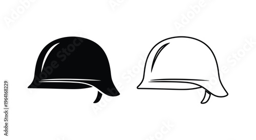 Hard hat icons, safety helmet symbols, construction worker headgear, black and white vector illustrations