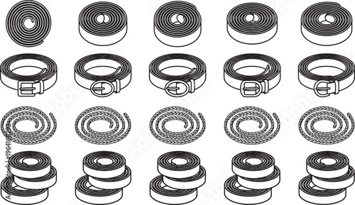 An artistic black and white collection of various rolled up belts, offering a minimalist, modern aesthetic.