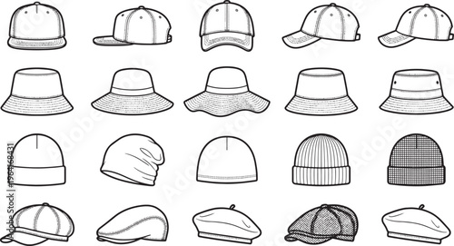 A Collection of hats: Variety of headwear options displayed, each with unique features, offering a versatile range of styles.