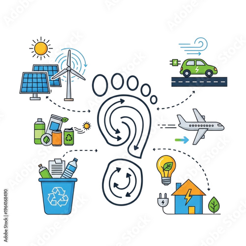 Illustrating the interconnectedness of various environmental factors contributing to a carbon footprint and sustainable solutions for ecological balance