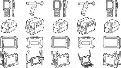 A detailed illustration of diverse industrial devices including handheld scanners, barcode printers, and rugged tablets, showcasing their sleek designs and functionalities.